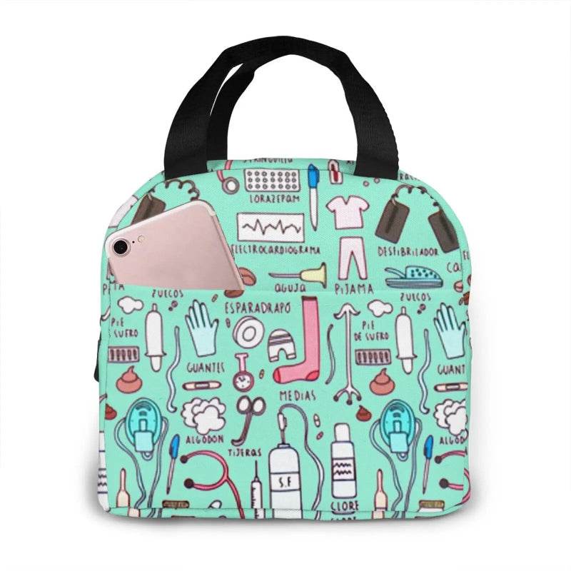 Portable Nurse Bag Insulated Lunch Bags Women Cute Nurse Print Food Case Tote Cooler Bento Bag for Kids Lunch Pouch 8