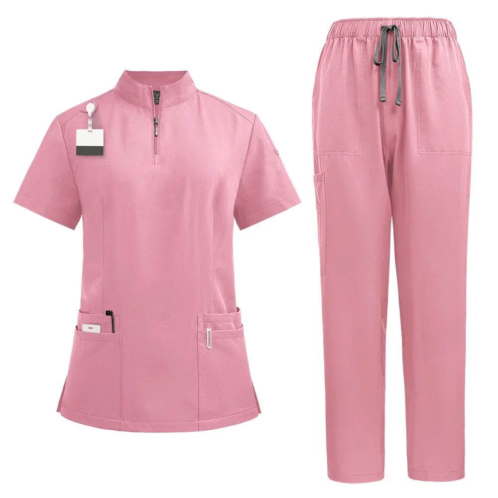Unisex Medical Uniforms for V-neck Nurse Scurbs Set Women Hospital Doctor Workwear Oral Dental Surgery Work Uniform Short Sleeve 42108-pink