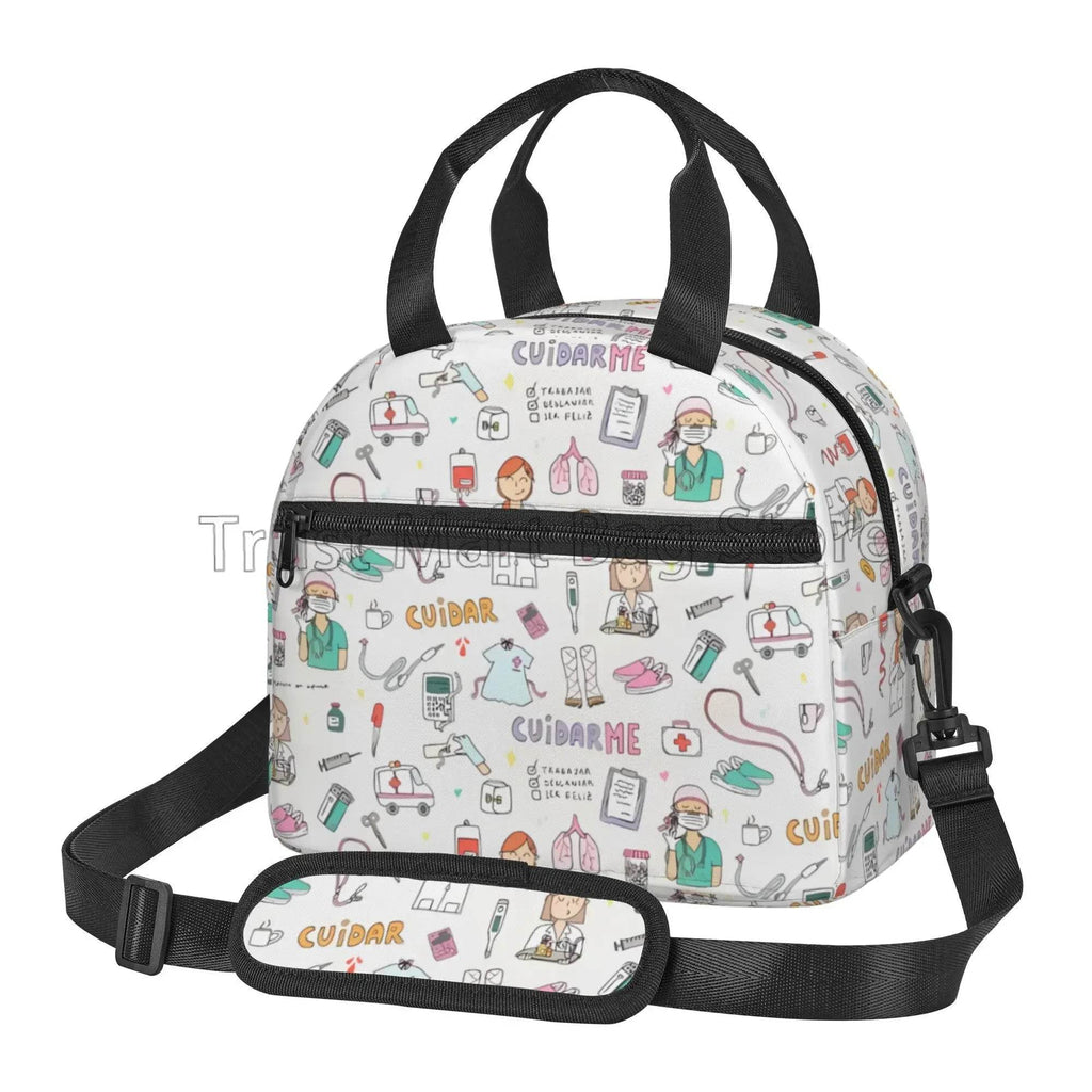 Keep your food fresh and fun with this delightful insulated lunch bag adorned with cute nurse-themed prints 15