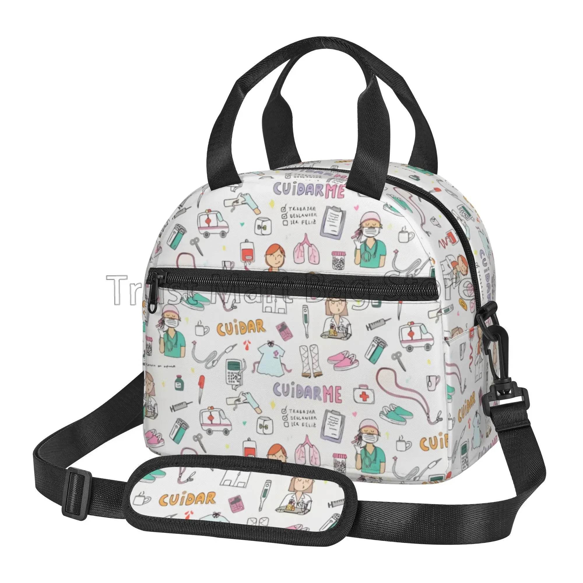 Keep your food fresh and fun with this delightful insulated lunch bag adorned with cute nurse-themed prints 15