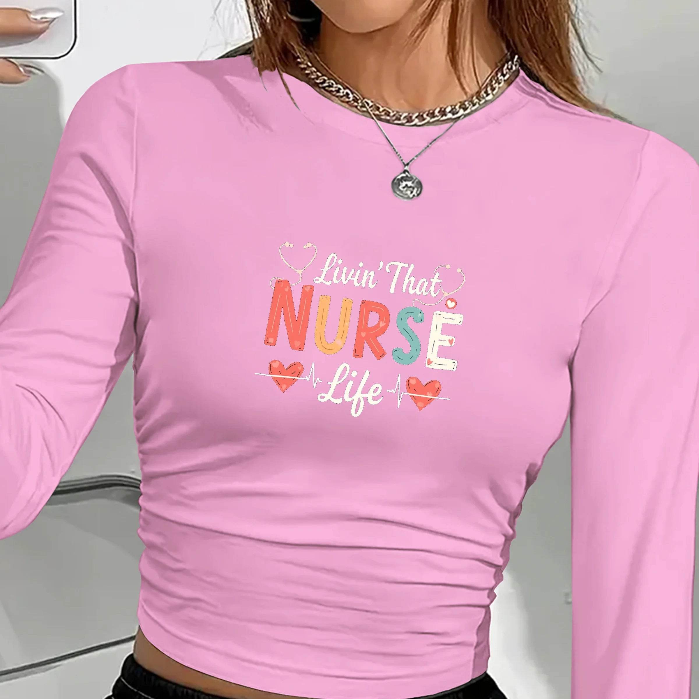 Livin' That NURSE Life Women's Fashion Long Sleeve Shirt with Stethoscope Print Gift
