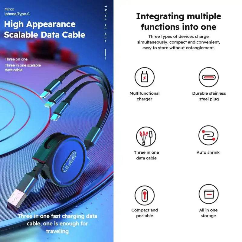 3-in-1 Retractable USB Cable: Fast Charging &amp; Data Sync for iPhone, Samsung, Huawei, Xiaomi – Multi-Port Magic!