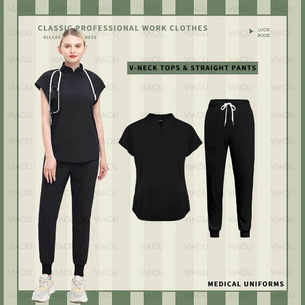 Solid Scrubs for Nurses, Doctors, and Techs. Top and Bottom Medical Scrubs Sets 42015-Black