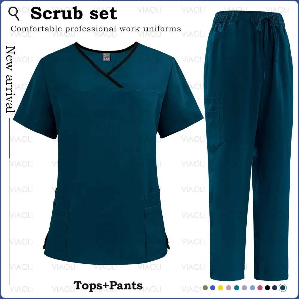 Surgical Uniforms for Women - Nursing Sets with Pocket Top and Straight Pants for Medical, Clinical, and Beauty Salon Use 42169-Caribbean Blue