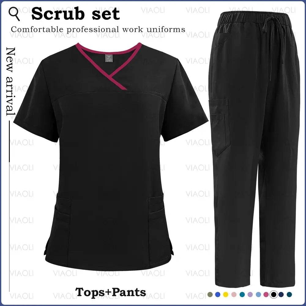 Surgical Uniforms for Women - Nursing Sets with Pocket Top and Straight Pants for Medical, Clinical, and Beauty Salon Use 42169-Black