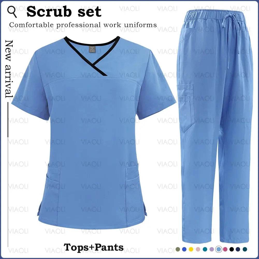 Surgical Uniforms for Women - Nursing Sets with Pocket Top and Straight Pants for Medical, Clinical, and Beauty Salon Use 42169-Sky blue