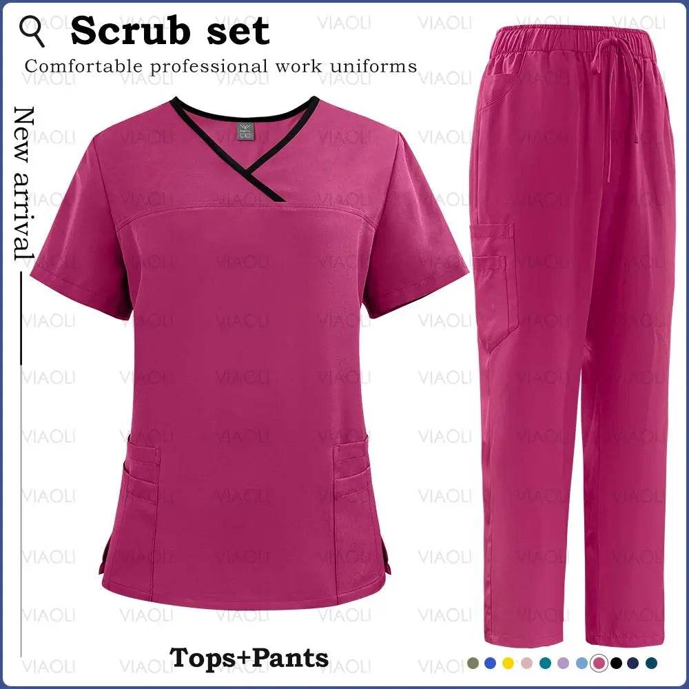 Surgical Uniforms for Women - Nursing Sets with Pocket Top and Straight Pants for Medical, Clinical, and Beauty Salon Use 42169-Rose red