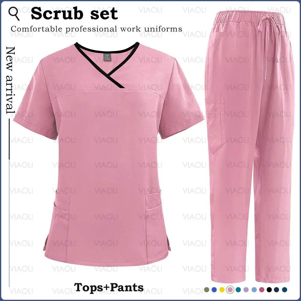 Surgical Uniforms for Women - Nursing Sets with Pocket Top and Straight Pants for Medical, Clinical, and Beauty Salon Use 42169-Pink