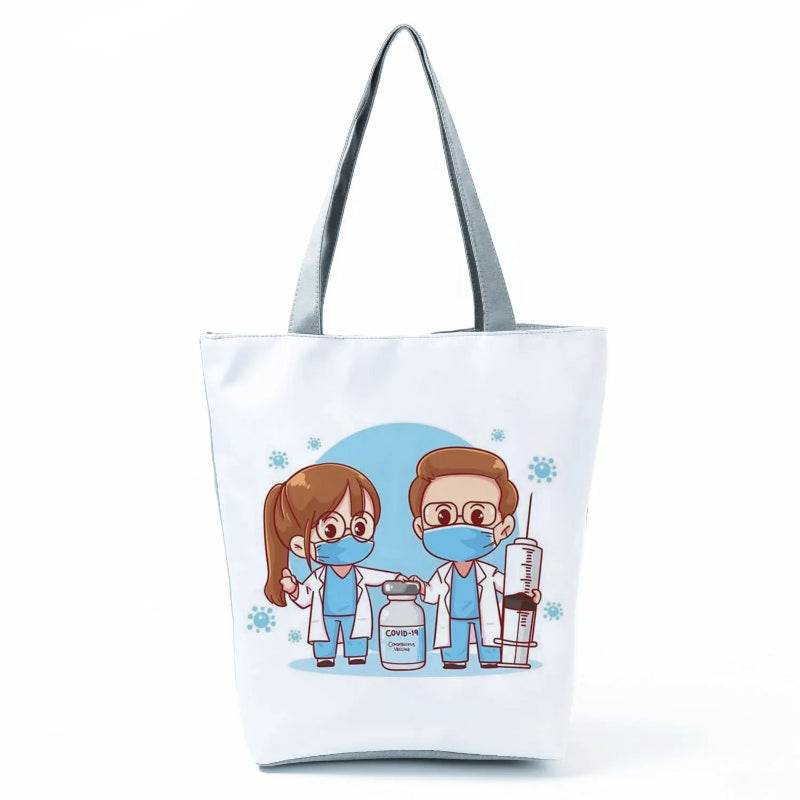 Playful Cartoon Nurse Print Foldable Shoulder Bags with Large Capacity – Eco-Friendly Tote for Shopping, Travel &amp; Beach hl4537 Nurse Handbag