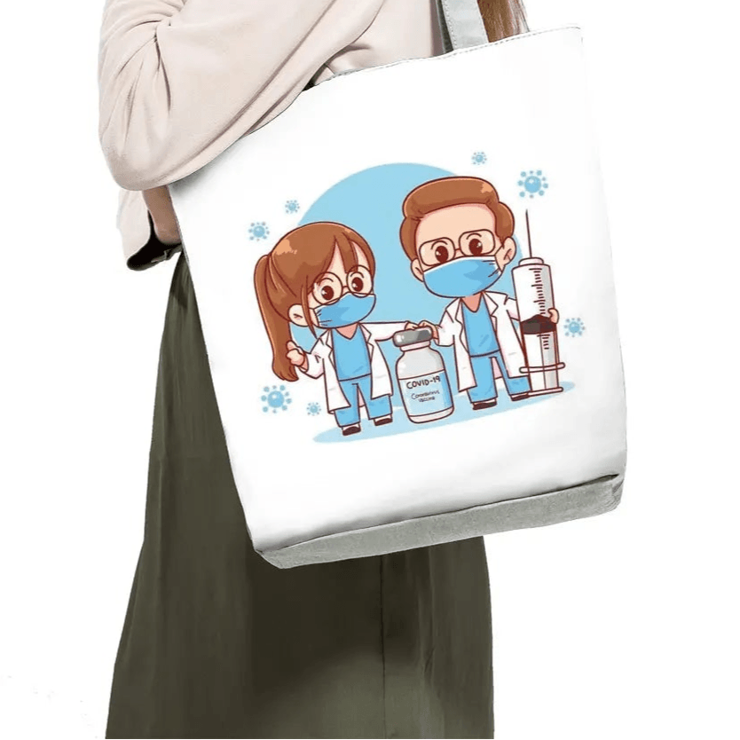 Playful Cartoon Nurse Print Foldable Shoulder Bags with Large Capacity – Eco-Friendly Tote for Shopping, Travel &amp; Beach