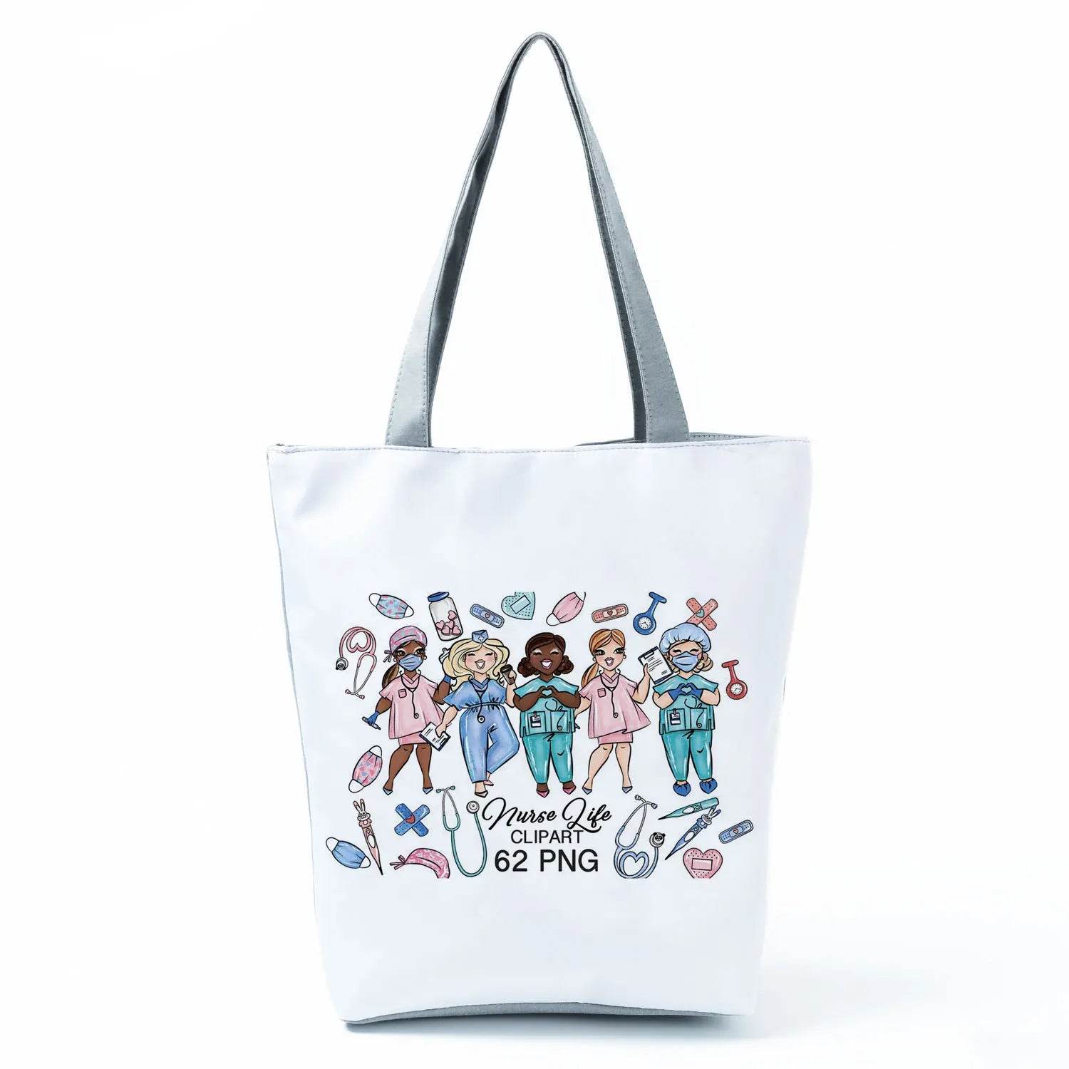 Playful Cartoon Nurse Print Foldable Shoulder Bags with Large Capacity – Eco-Friendly Tote for Shopping, Travel &amp; Beach hl4565 Nurse Handbag