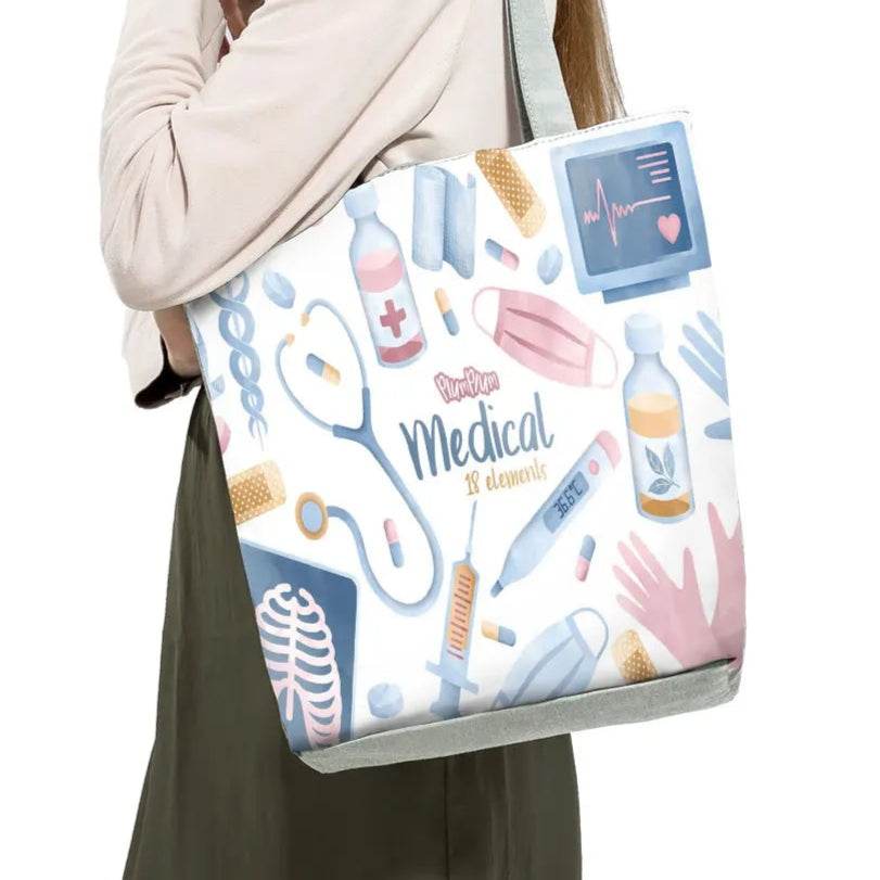 Playful Cartoon Nurse Print Foldable Shoulder Bags with Large Capacity – Eco-Friendly Tote for Shopping, Travel &amp; Beach
