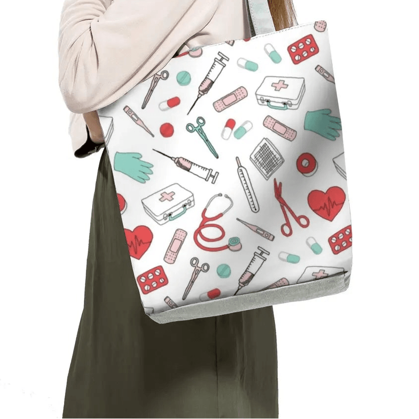 Playful Cartoon Nurse Print Foldable Shoulder Bags with Large Capacity – Eco-Friendly Tote for Shopping, Travel &amp; Beach