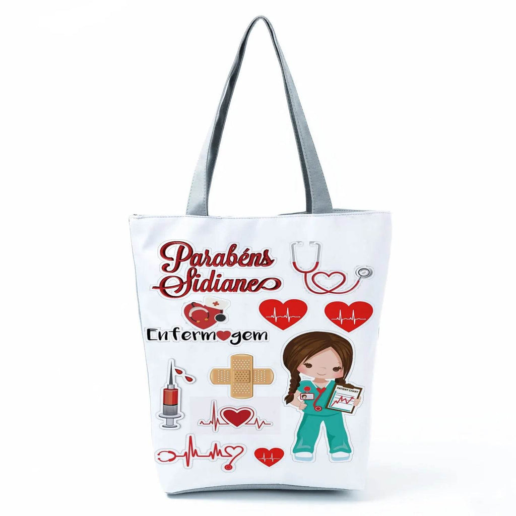 Playful Cartoon Nurse Print Foldable Shoulder Bags with Large Capacity – Eco-Friendly Tote for Shopping, Travel &amp; Beach hl4538 Nurse Handbag