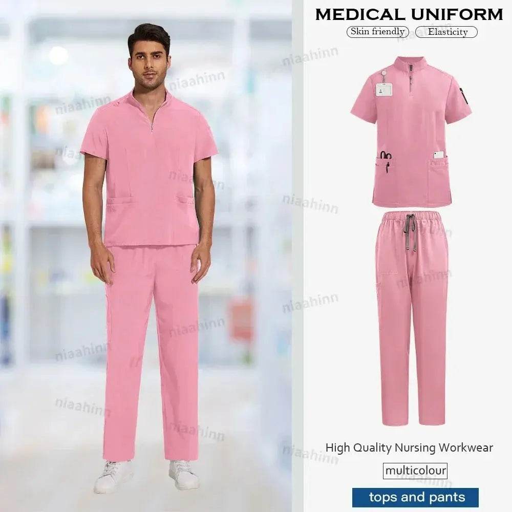 Unisex Medical Scrubs, Short Sleeved, Top and Pants Sets, Soft Uniforms 42108-Pink