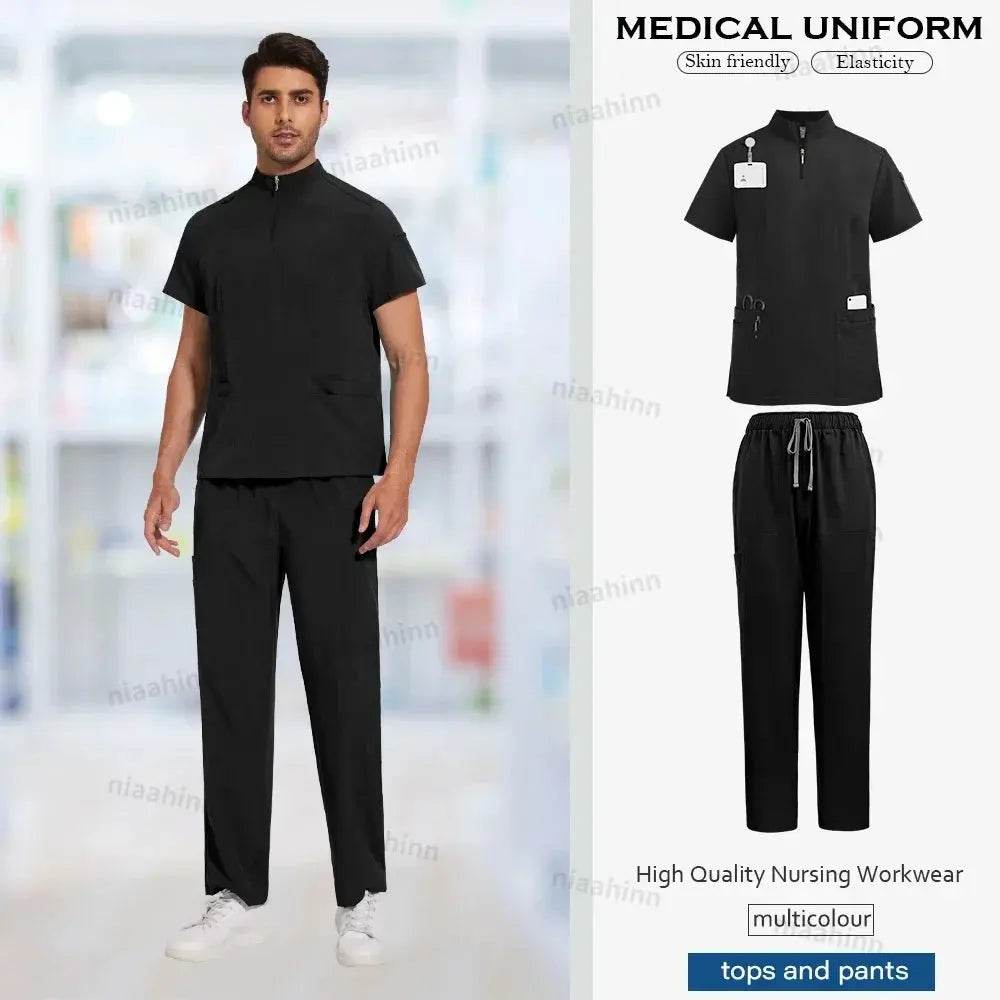 Unisex Medical Scrubs, Short Sleeved, Top and Pants Sets, Soft Uniforms 42108-Black