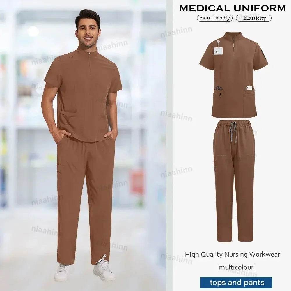 Unisex Medical Scrubs, Short Sleeved, Top and Pants Sets, Soft Uniforms 42108-Brown