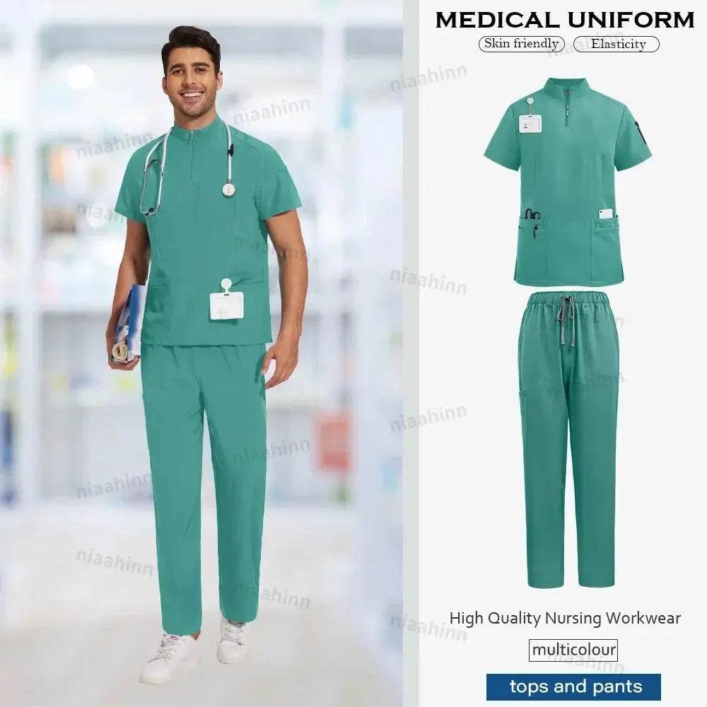 Unisex Medical Scrubs, Short Sleeved, Top and Pants Sets, Soft Uniforms 42108-Dark green