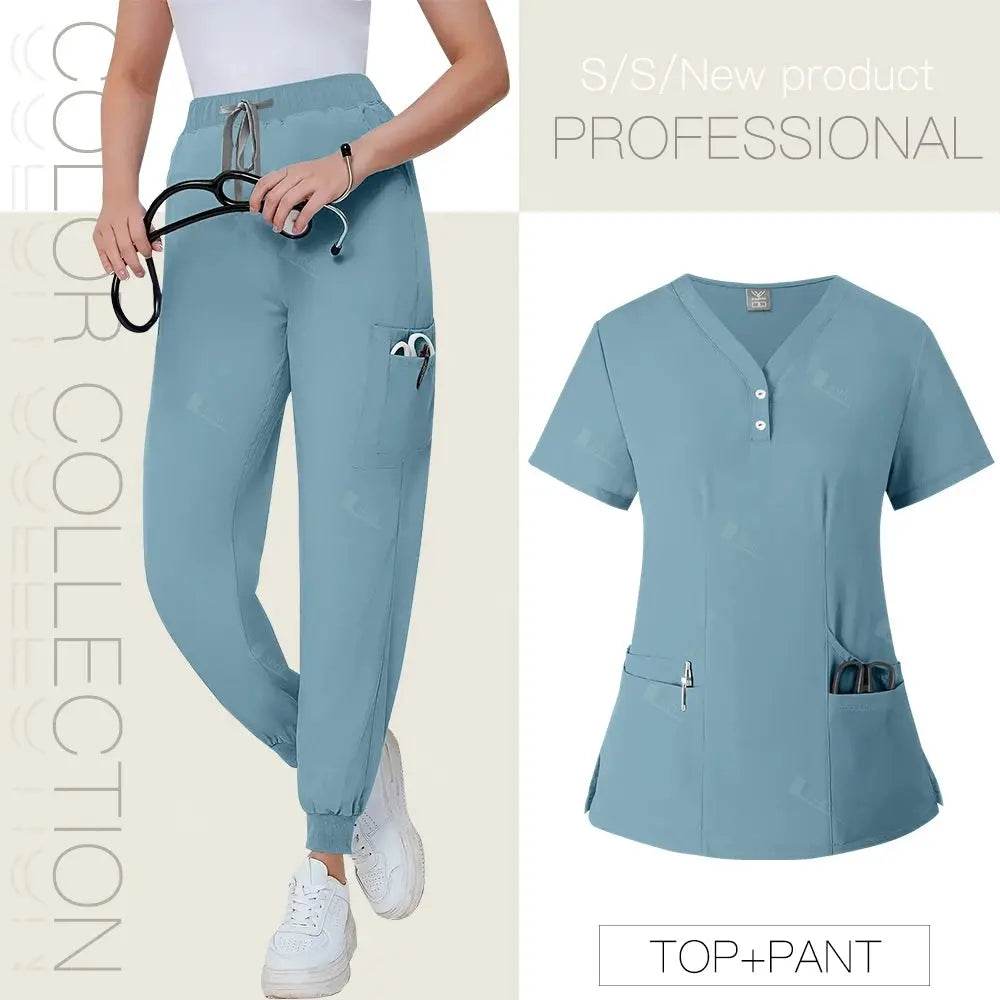Short Sleeved, V-neck, Nurse Uniforms, Scrubs Set, Healthcare Uniforms 42162-Light blue