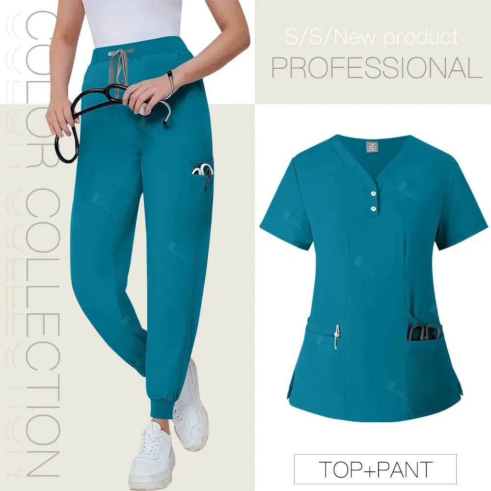 Short Sleeved, V-neck, Nurse Uniforms, Scrubs Set, Healthcare Uniforms 42162-Lake blue