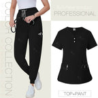 Short Sleeved, V-neck, Nurse Uniforms, Scrubs Set, Healthcare Uniforms 42162-Black