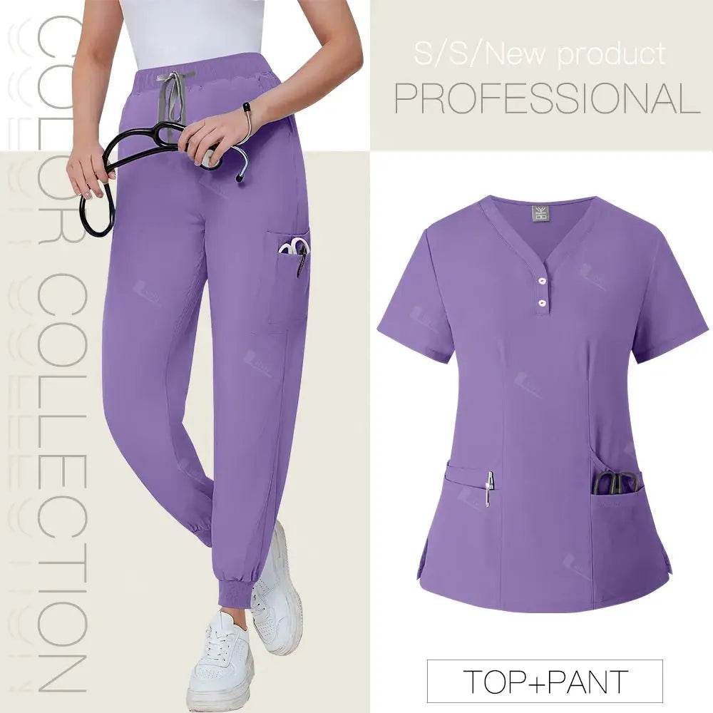 Short Sleeved, V-neck, Nurse Uniforms, Scrubs Set, Healthcare Uniforms 42162-Purple