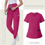 Short Sleeved, V-neck, Nurse Uniforms, Scrubs Set, Healthcare Uniforms 42162-Rose red