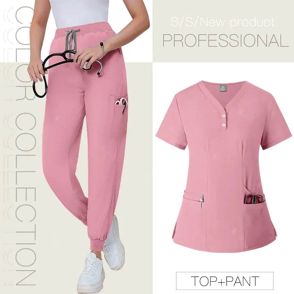 Short Sleeved, V-neck, Nurse Uniforms, Scrubs Set, Healthcare Uniforms 42162-Pink