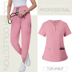 Short Sleeved, V-neck, Nurse Uniforms, Scrubs Set, Healthcare Uniforms 42162-Pink