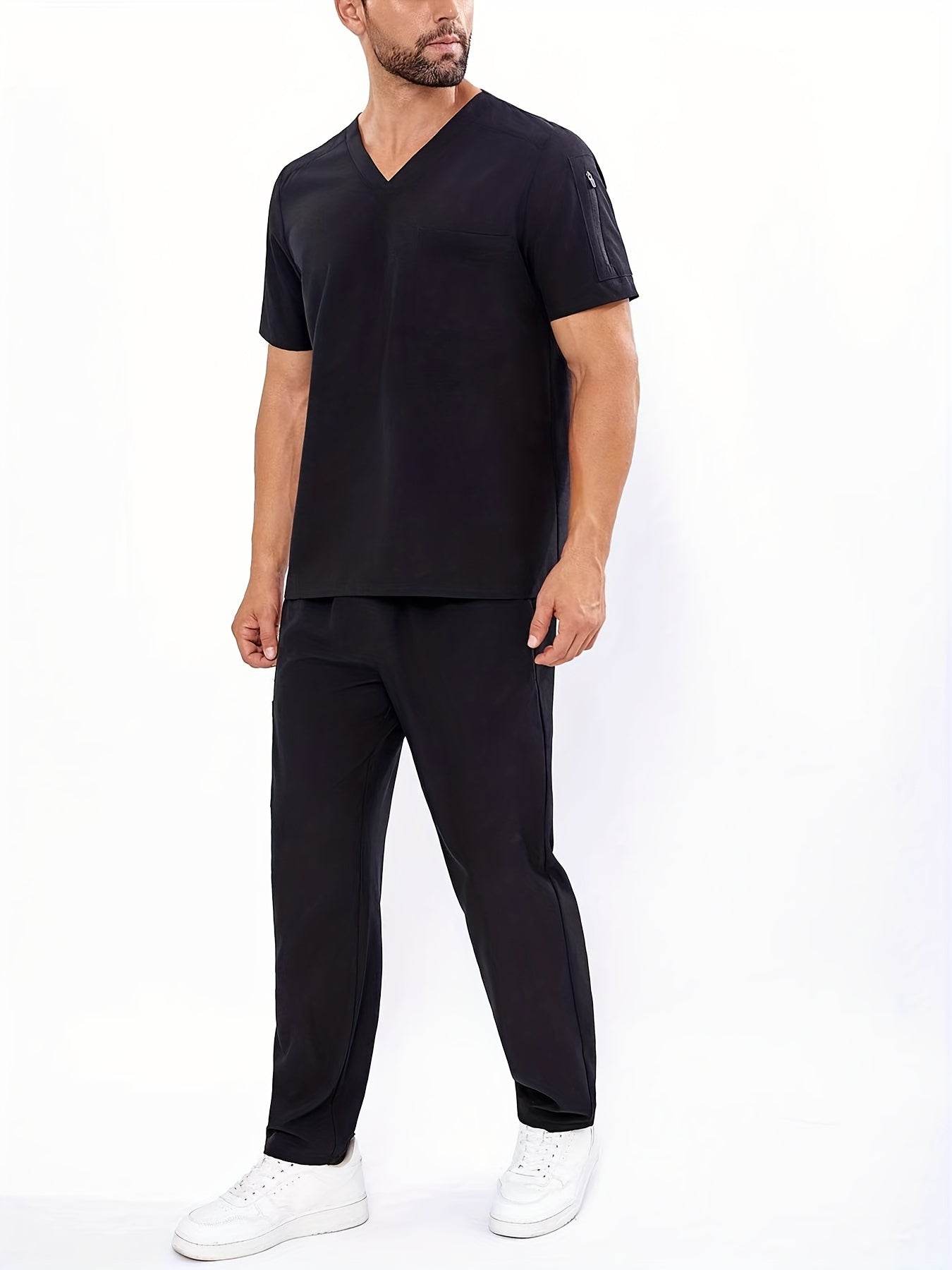 Men's V-Neck Scrubs Set With Multiple Pockets, Solid Color Comfortable Utility Workwear Top And Pants Set