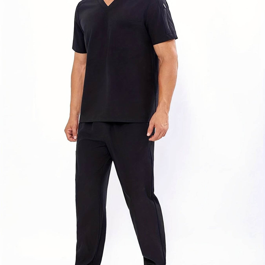 Men's V-Neck Scrubs Set With Multiple Pockets, Solid Color Comfortable Utility Workwear Top And Pants Set Black