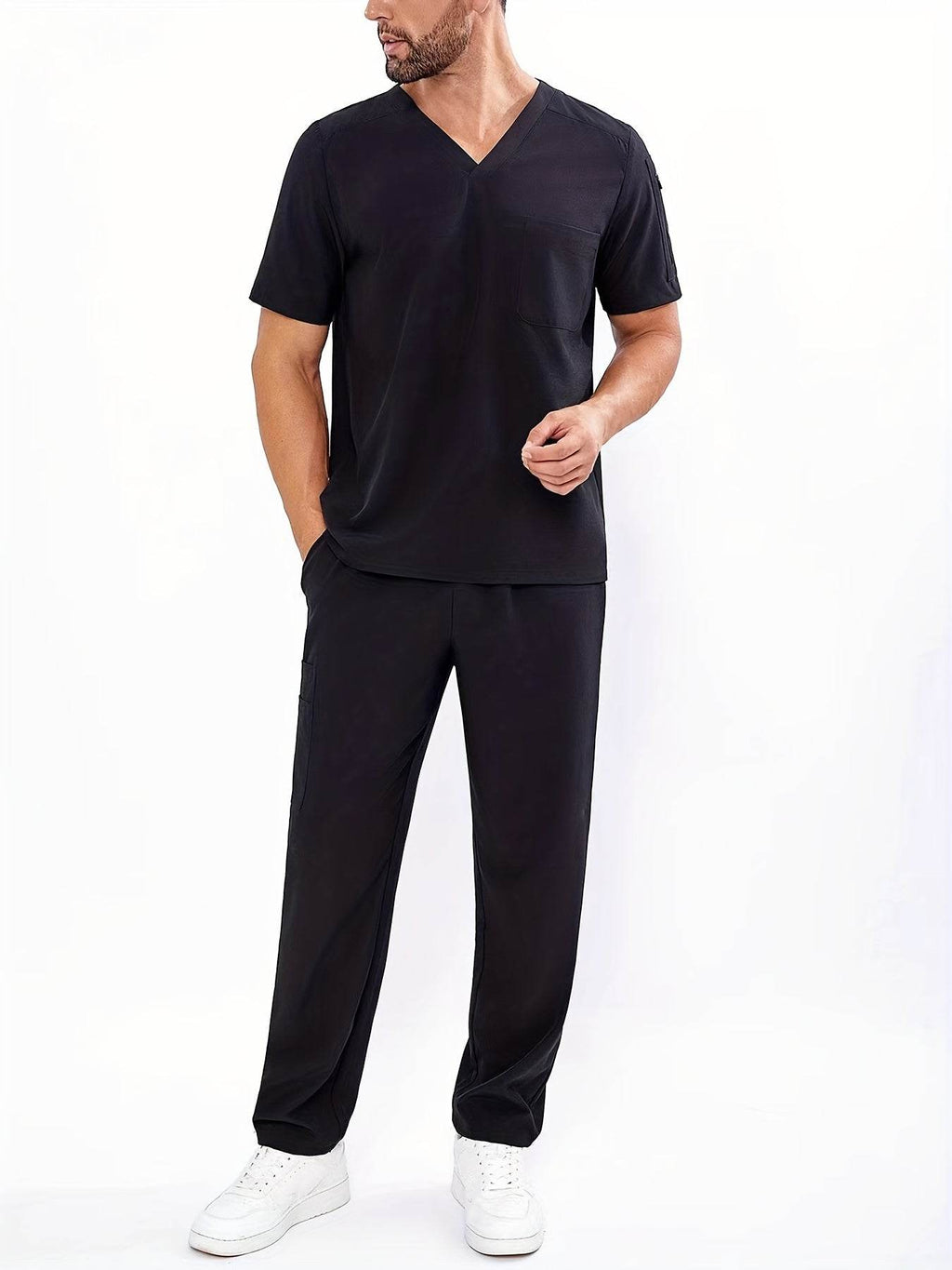 Men's V-Neck Scrubs Set With Multiple Pockets, Solid Color Comfortable Utility Workwear Top And Pants Set