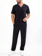 Men's V-Neck Scrubs Set With Multiple Pockets, Solid Color Comfortable Utility Workwear Top And Pants Set