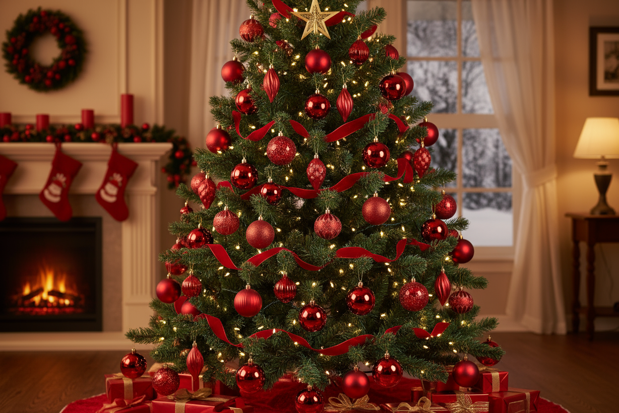 green christmas tree with red ornaments
